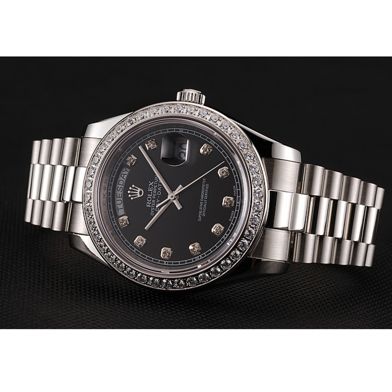 Rolex aaa copy Diamond Case Day-Date Bracelet Diamond Swiss Stainless Rolex Numerals 1453965 Steel Black Dial 0607